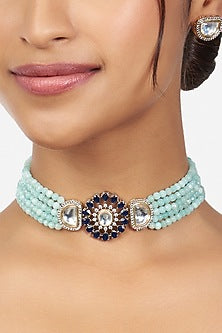 Gold Finish Choker Necklace Set With Beads