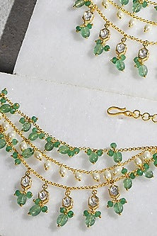 Gold Plated Kundan Polki & Green Agate Drop Kaan Chain Earrings