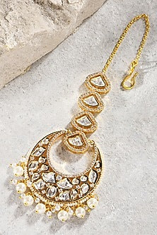 Gold Plated Kundan Polki & Pearl Maangtikka