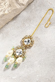 Gold Plated Kundan Polki & Green Agate Drop Maangtikka