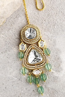 Gold Plated Kundan Polki & Green Agate Drop Maangtikka