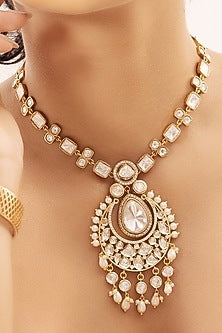 Gold Finish Kundan Polki & Pearl Necklace Set