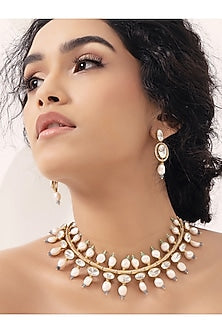 Gold Finish Kundan Polki & Pearl Choker Necklace Set