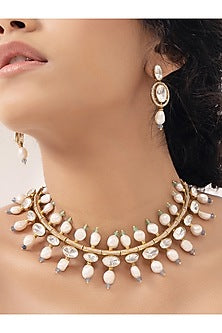 Gold Finish Kundan Polki & Pearl Choker Necklace Set