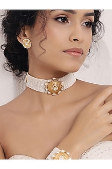 Gold Finish Kundan Polki & Pearl Choker Necklace Set