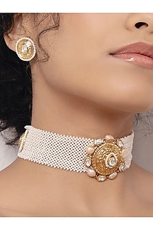 Gold Finish Kundan Polki & Pearl Choker Necklace Set