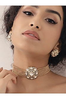 Gold Finish Kundan Polki & Pearl Choker Necklace Set