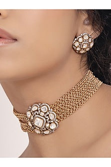 Gold Finish Kundan Polki & Pearl Choker Necklace Set