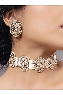 Gold Finish Kundan Polki & Pearl Choker Necklace Set