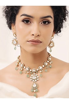 Gold Finish Kundan Polki & Pearl Necklace Set