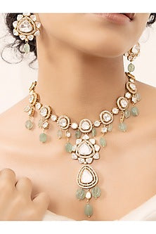 Gold Finish Kundan Polki & Pearl Necklace Set