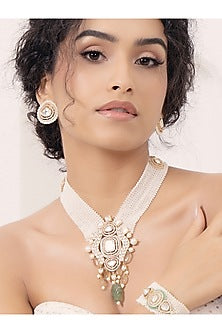 Gold Finish Kundan Polki & Pearl Necklace Set