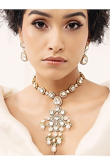 Gold Finish Kundan Polki & Pearl Necklace Set