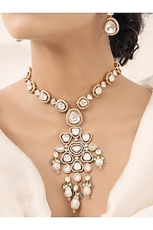 Gold Finish Kundan Polki & Pearl Necklace Set