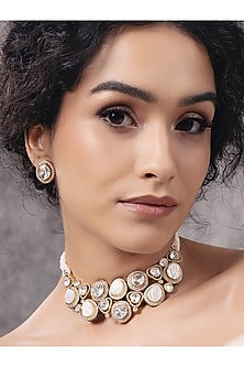 Gold Finish Kundan Polki & Pearl Choker Necklace Set