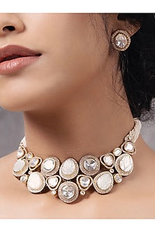 Gold Finish Kundan Polki & Pearl Choker Necklace Set
