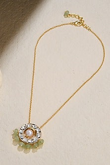 Gold Finish Kundan Polki & Light Green Beaded Pendant Necklace