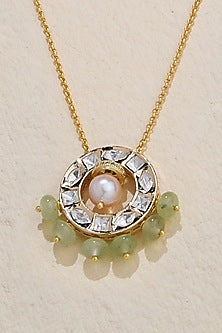Gold Finish Kundan Polki & Light Green Beaded Pendant Necklace