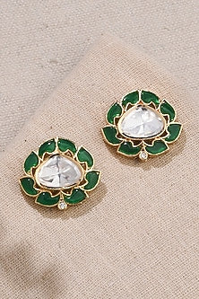 Gold Finish Green Kundan Polki Leaf-Shaped Stud Earrings