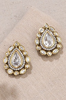 Gold Finish Kundan Polki Drop-Shaped Stud Earrings