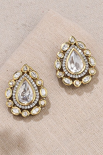 Gold Finish Kundan Polki Drop-Shaped Stud Earrings