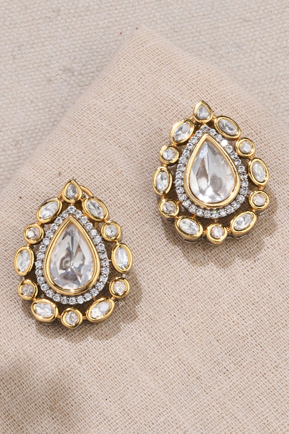 Gold Finish Kundan Polki Drop-Shaped Stud Earrings
