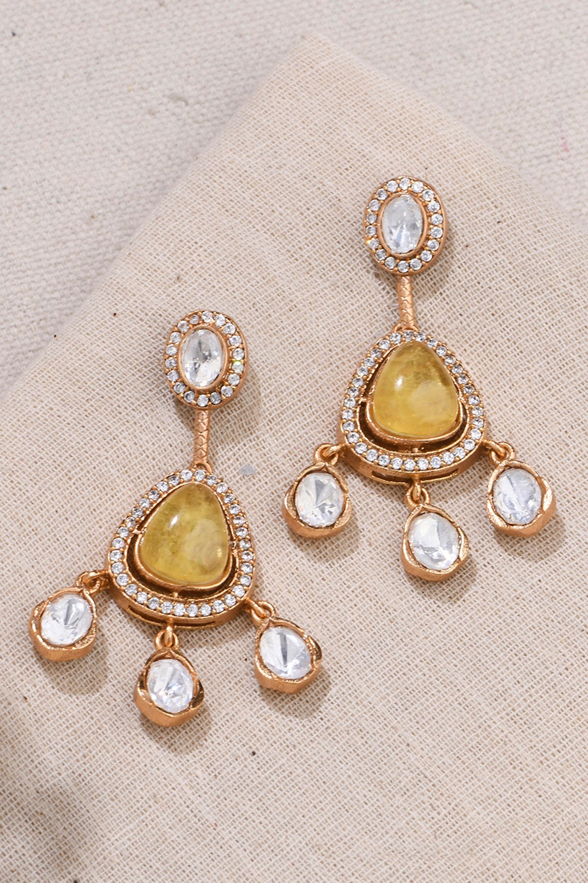 Gold Finish Kundan Polki & Yellow Jade Stone Dangler Earrings