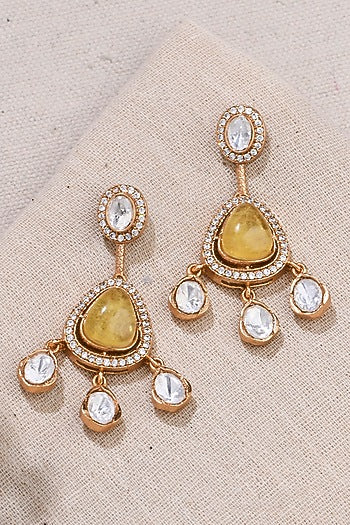 Gold Finish Kundan Polki & Yellow Jade Stone Dangler Earrings