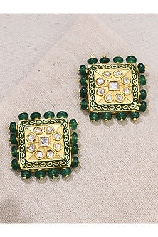 Gold Finish Green Stone Stud Earrings