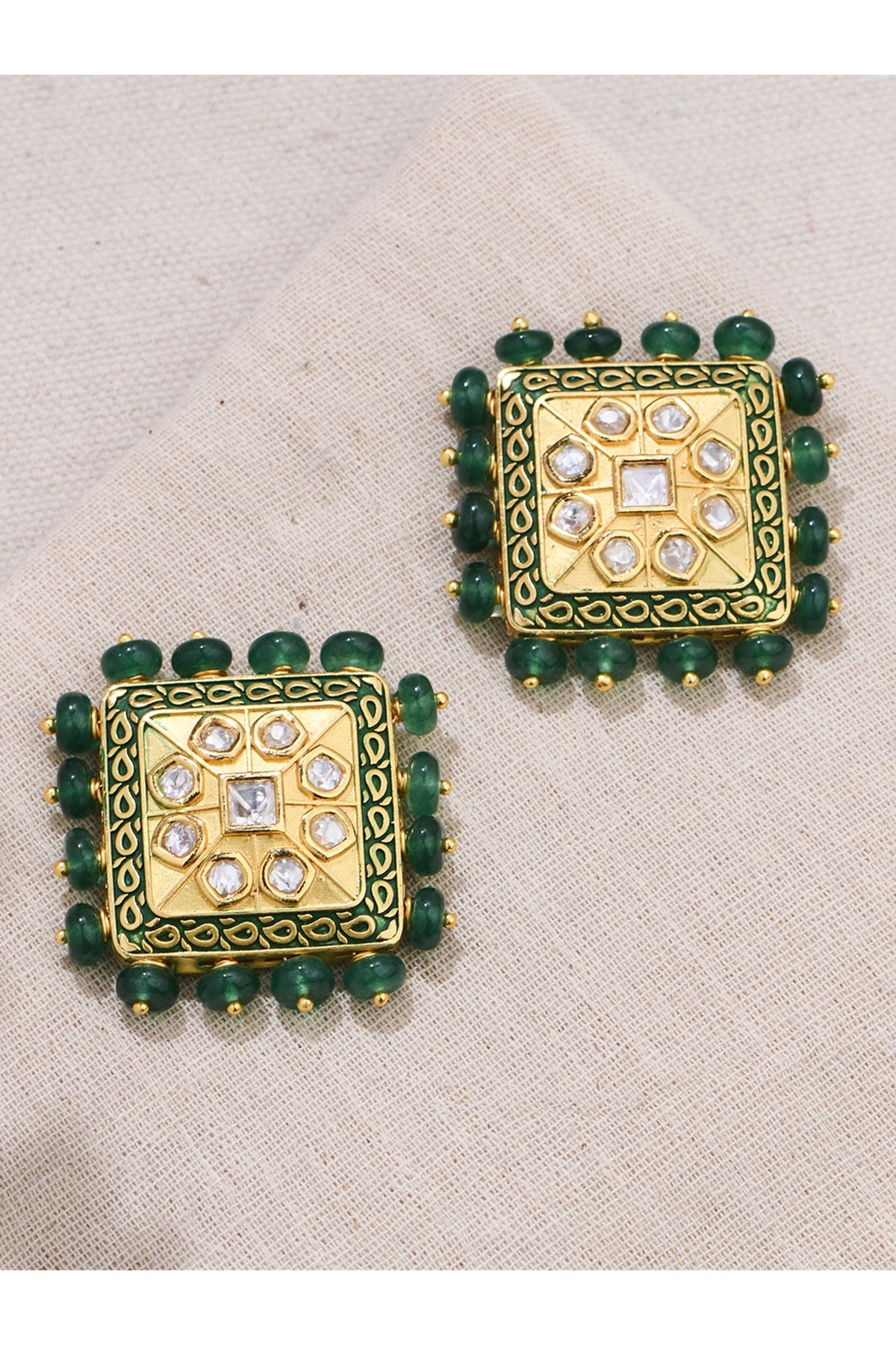 Gold Finish Green Stone Stud Earrings