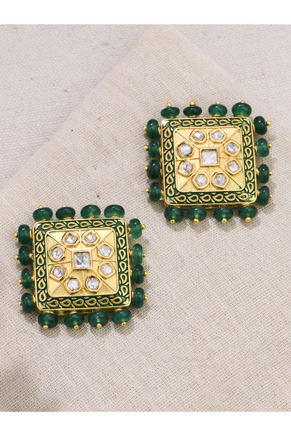 Gold Finish Green Stone Stud Earrings