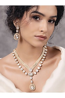 Gold Finish Kundan Polki & Pearl Choker Necklace Set