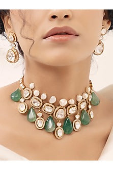 Gold Finish Kundan Polki & Pearl Choker Necklace Set