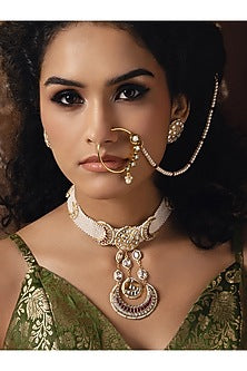 Gold Finish Kundan Polki & Pearl Choker Necklace Set