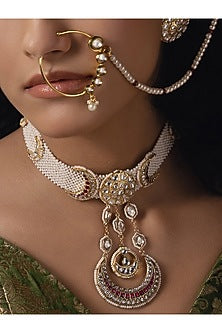 Gold Finish Kundan Polki & Pearl Choker Necklace Set