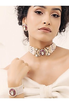 Gold Finish Kundan Polki & Pearl Choker Necklace Set