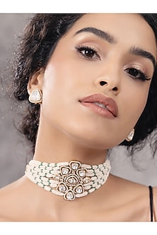 Gold Finish Kundan Polki & Pearl Choker Necklace