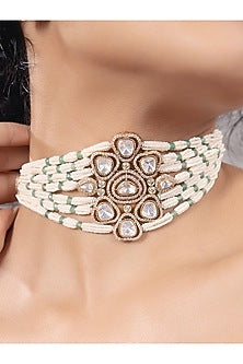 Gold Finish Kundan Polki & Pearl Choker Necklace