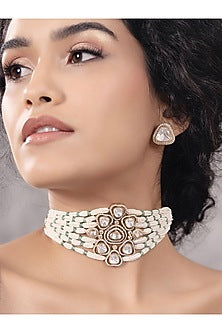 Gold Finish Kundan Polki & Pearl Choker Necklace