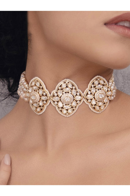 Gold Finish Kundan Polki & Pearl Choker Necklace