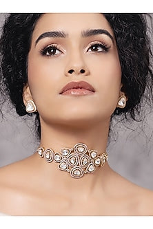 Gold Finish Kundan Polki & Pearl Choker Necklace