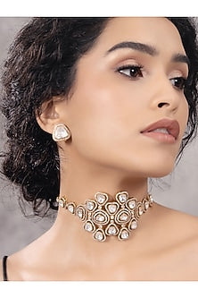 Gold Finish Kundan Polki & Pearl Choker Necklace