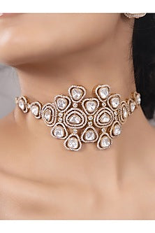 Gold Finish Kundan Polki & Pearl Choker Necklace
