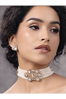 Gold Finish Kundan Polki & Pearl Choker Necklace