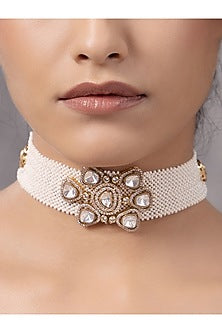 Gold Finish Kundan Polki & Pearl Choker Necklace