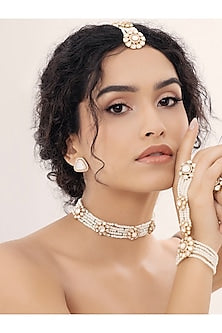 Gold Finish Kundan Polki & Pearl Choker Necklace