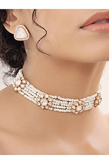 Gold Finish Kundan Polki & Pearl Choker Necklace