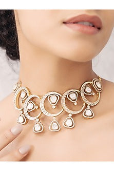 Gold Finish Kundan Polki & Pearl Choker Necklace