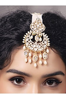 Gold Finish Kundan Polki & Pearl Maangtikka