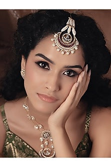Gold Finish Kundan Polki & Pearl Maangtikka